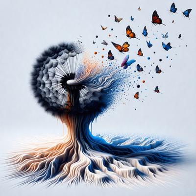 The primary subject of the image is a large, colorful, and intricately designed sculpture of a tree. The sculpture is made up of various elements, including a large dandelion, a butterfly, and a bird. The setting is a white background, which provides a clean and minimalist appearance to the artwork. The visual style is a combination of digital art and illustration, creating a vibrant and eye-catching piece. The colors and mood of the image are lively and energet